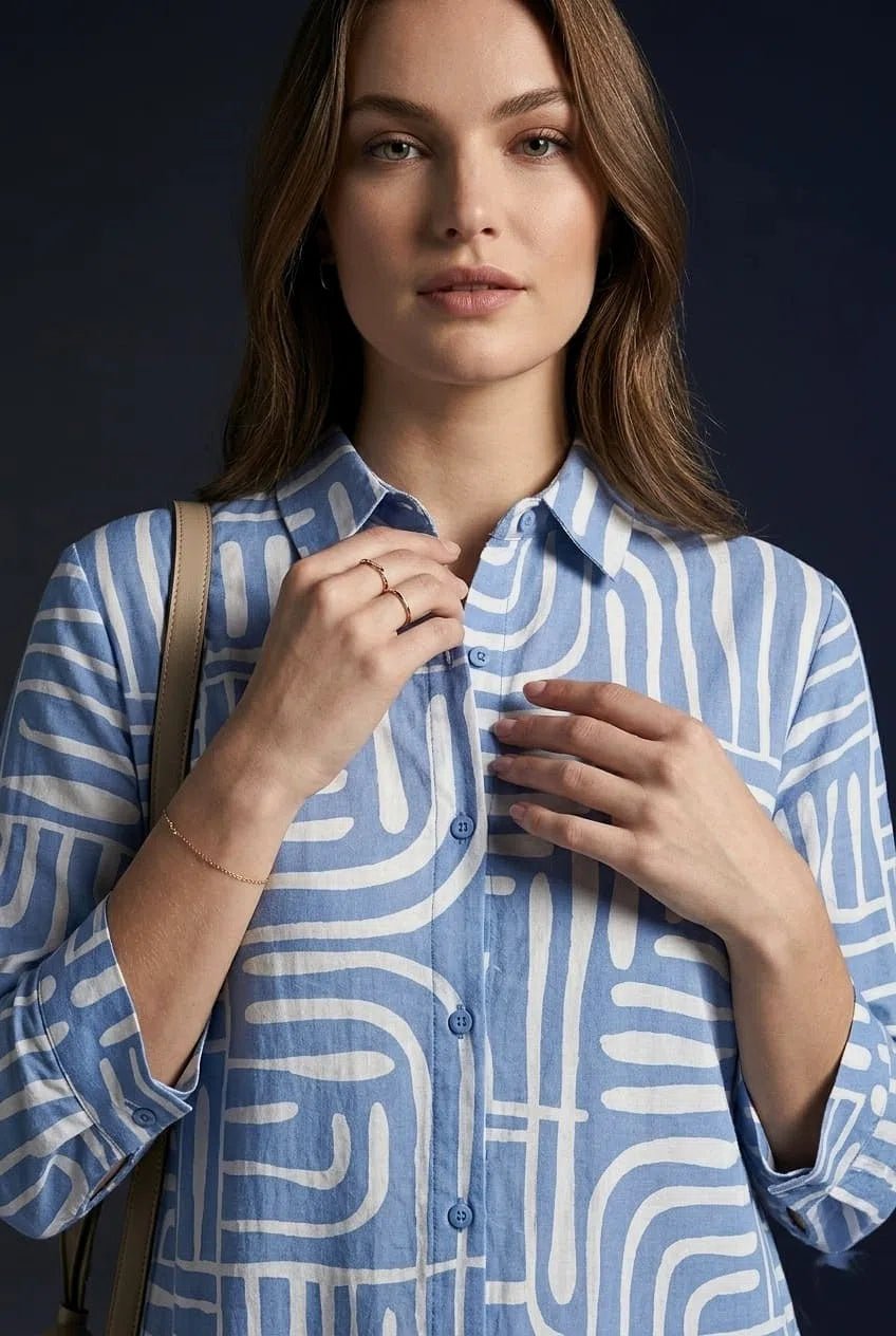 Women’s Premium Blue Abstract Printed Shirt Dress - The Bebla