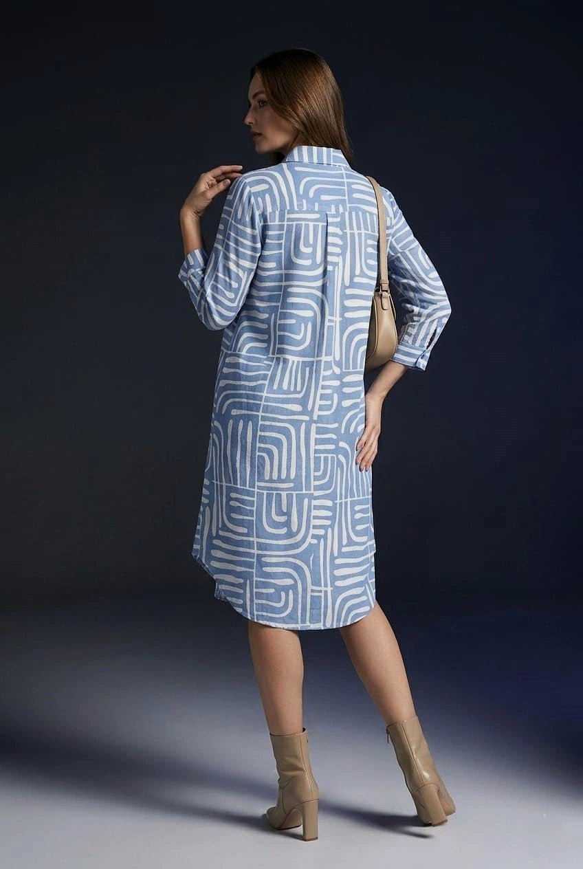 Women’s Premium Blue Abstract Printed Shirt Dress - The Bebla