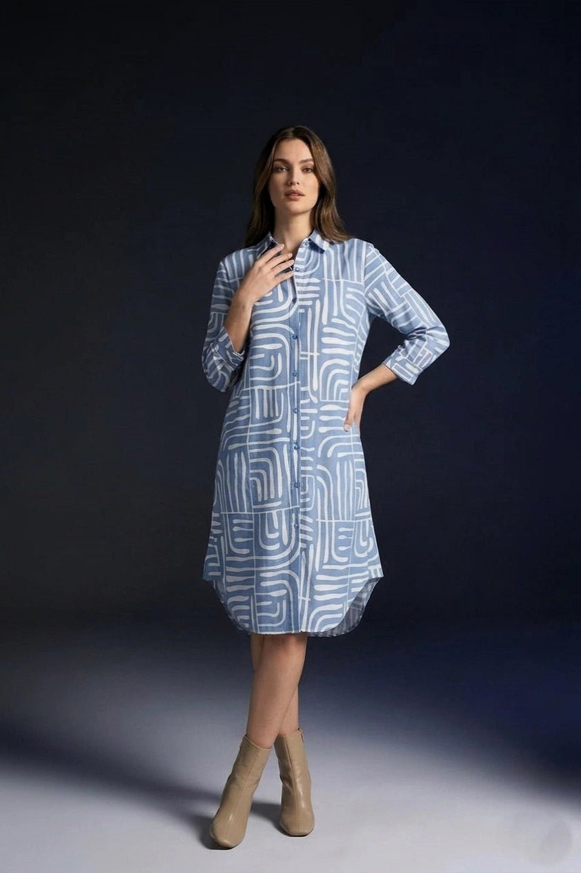 Women’s Premium Blue Abstract Printed Shirt Dress - The Bebla
