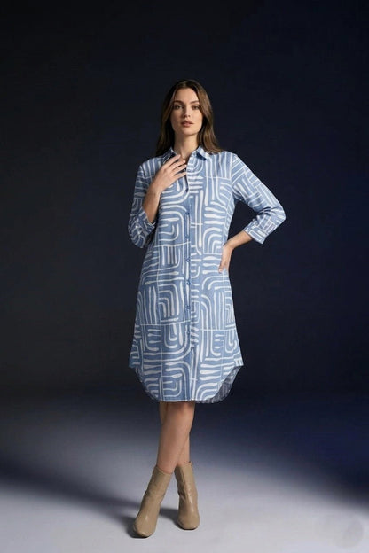 Women’s Premium Blue Abstract Printed Shirt Dress - The Bebla