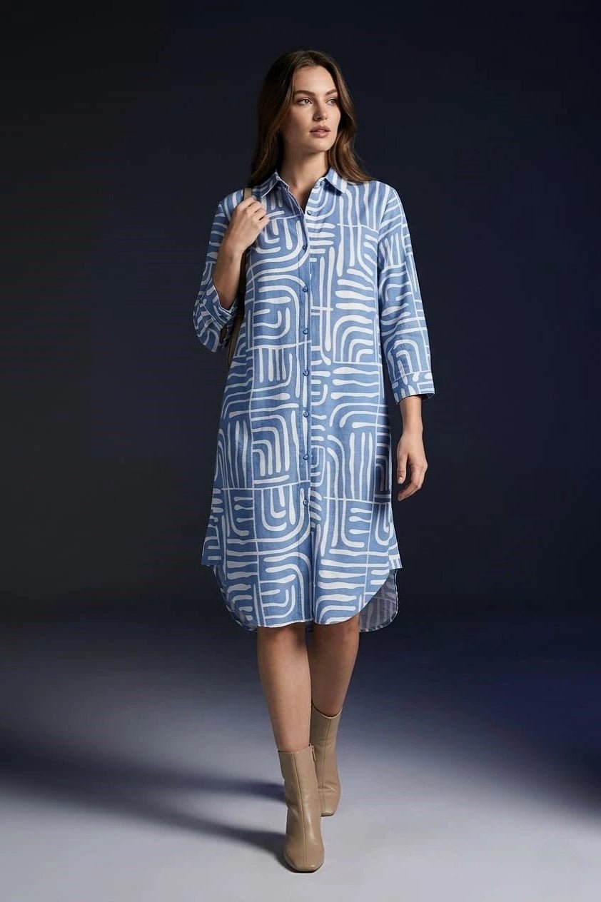 Women’s Premium Blue Abstract Printed Shirt Dress - The Bebla