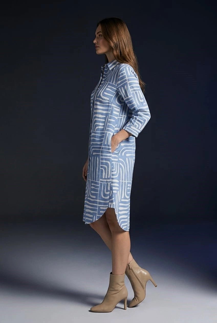 Women’s Premium Blue Abstract Printed Shirt Dress - The Bebla