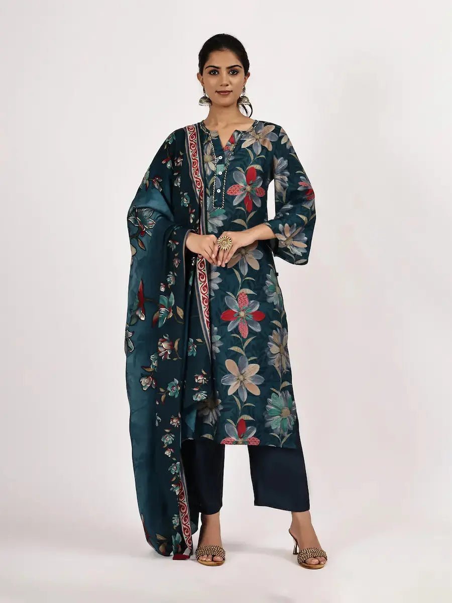 Women’s Printed Deep Green Kurta with Pant Dupatta - The Bebla