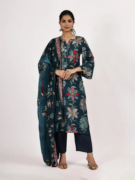 Women’s Printed Deep Green Kurta with Pant Dupatta - The Bebla