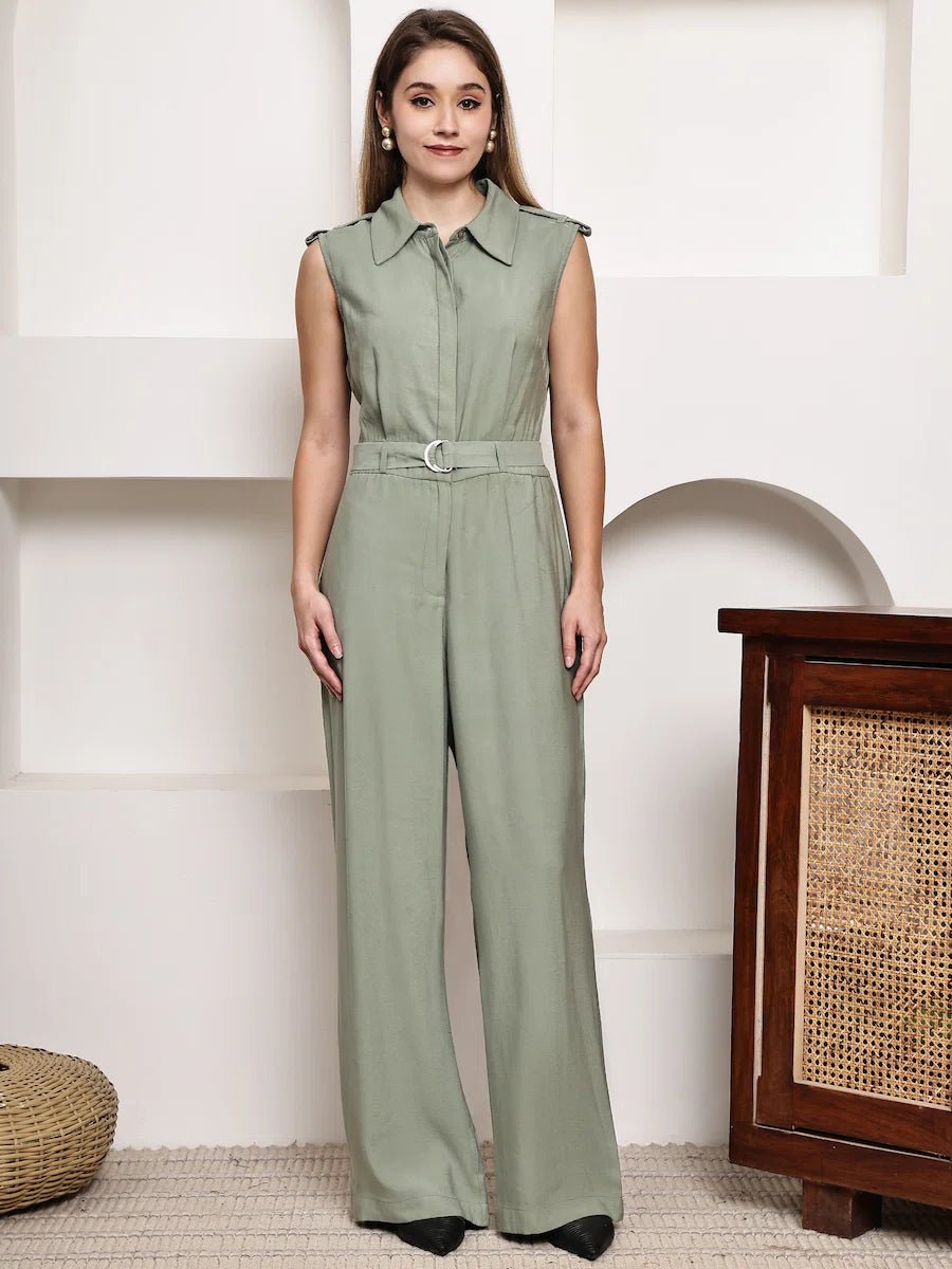 Women's Sage Green Collared Sleeveless Wide - Leg Jumpsuit - The Bebla