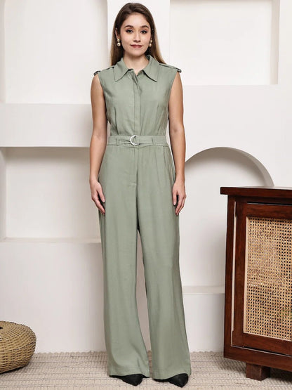 Women's Sage Green Collared Sleeveless Wide - Leg Jumpsuit - The Bebla