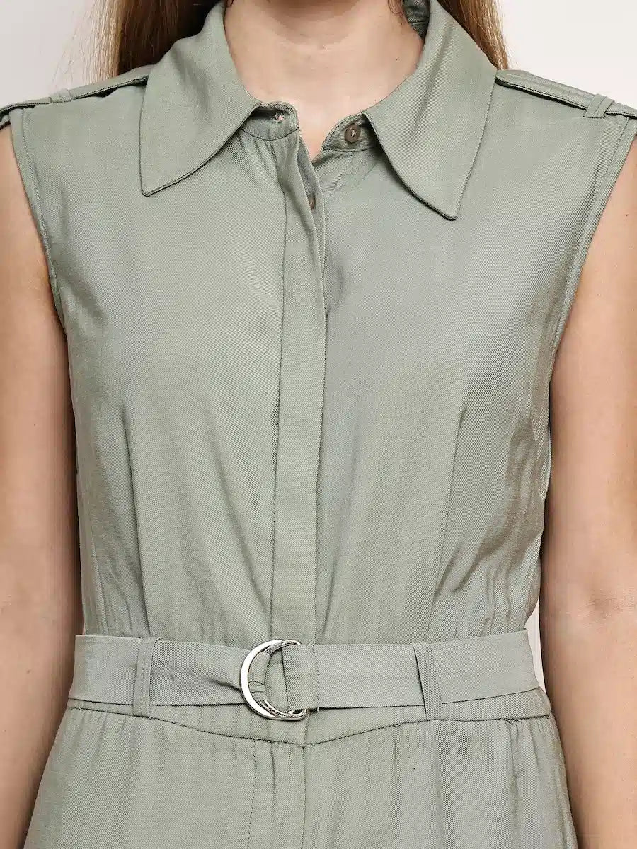 Women's Sage Green Collared Sleeveless Wide - Leg Jumpsuit - The Bebla