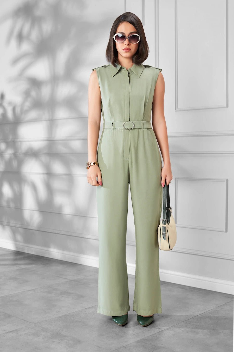 Women's Sage Green Collared Sleeveless Wide - Leg Jumpsuit - The Bebla