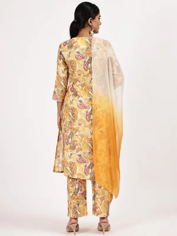 Yellow Floral Printed Cotton Kurta Set with Ombre Dupatta - The Bebla