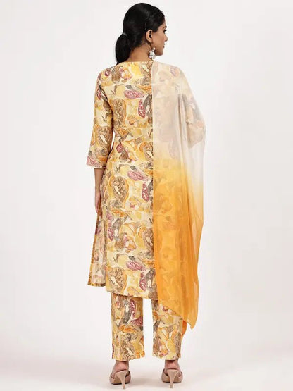 Yellow Floral Printed Cotton Kurta Set with Ombre Dupatta - The Bebla