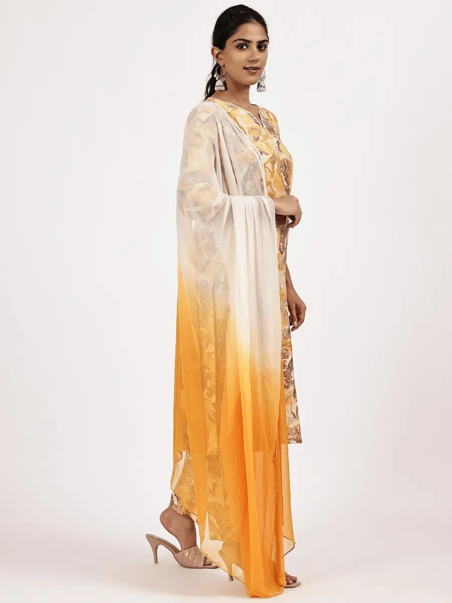 Yellow Floral Printed Cotton Kurta Set with Ombre Dupatta - The Bebla