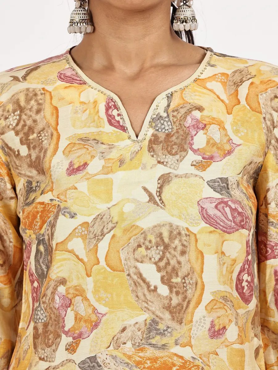 Yellow Floral Printed Cotton Kurta Set with Ombre Dupatta - The Bebla