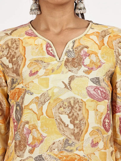 Yellow Floral Printed Cotton Kurta Set with Ombre Dupatta - The Bebla