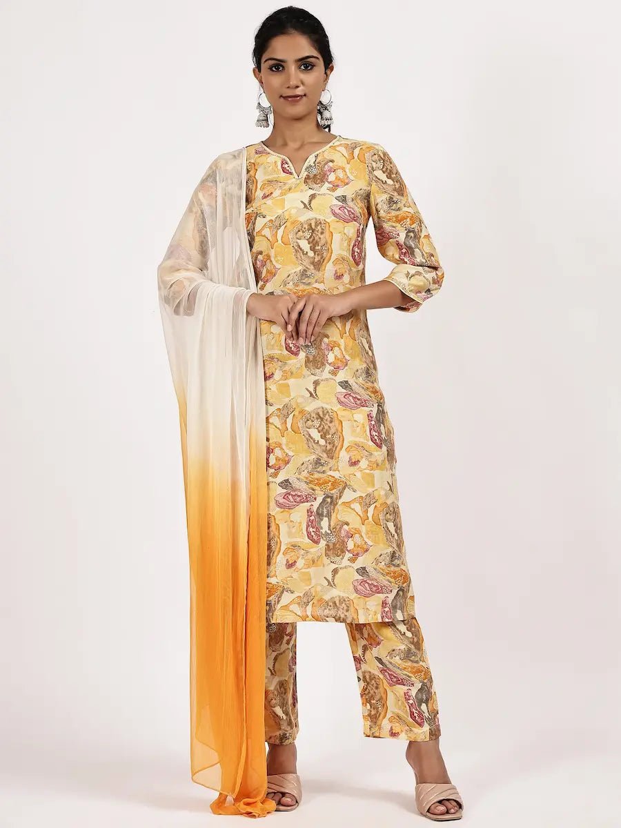 Yellow Floral Printed Cotton Kurta Set with Ombre Dupatta - The Bebla