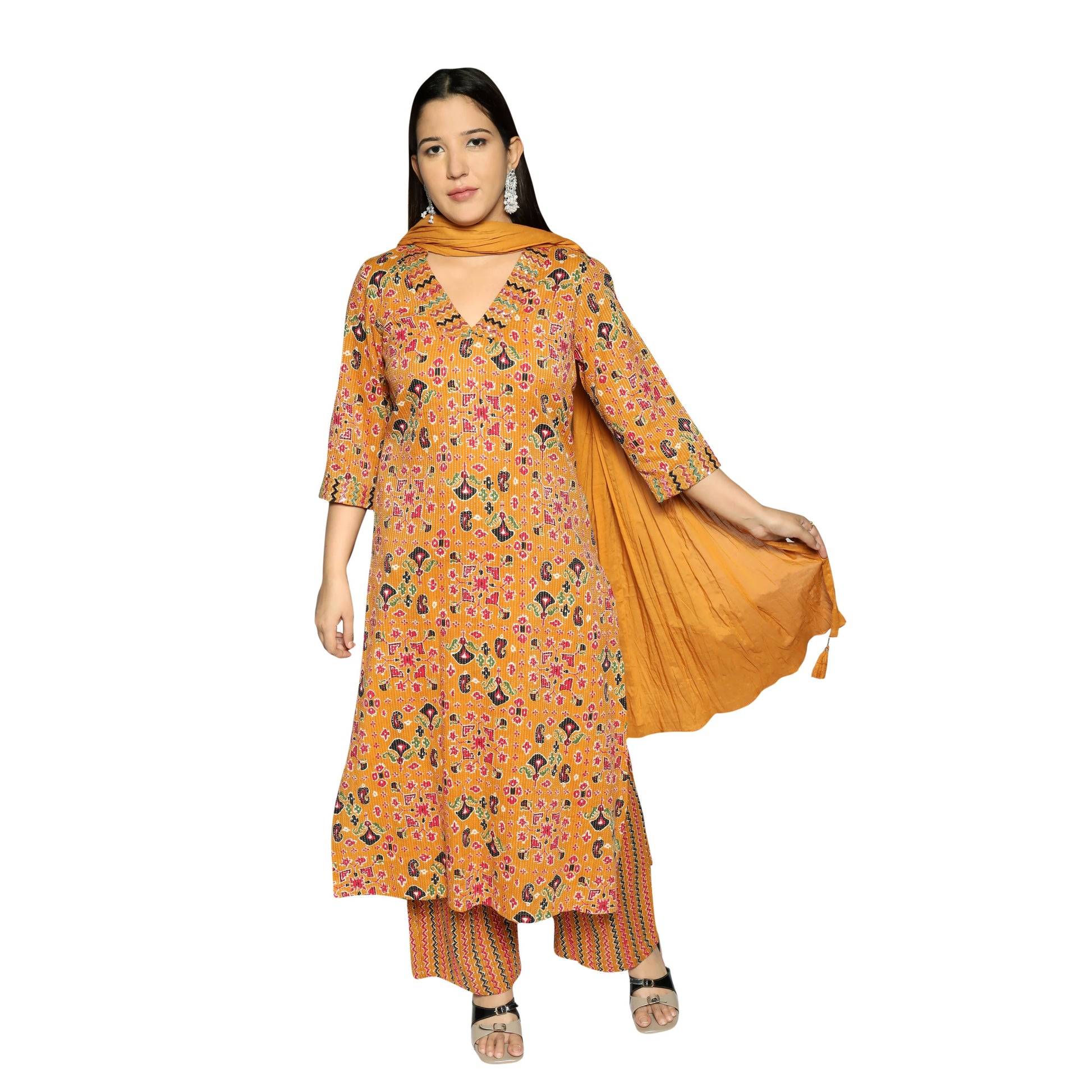 Yellow Priented Straight Kurta Along With Printed Pant - The Bebla