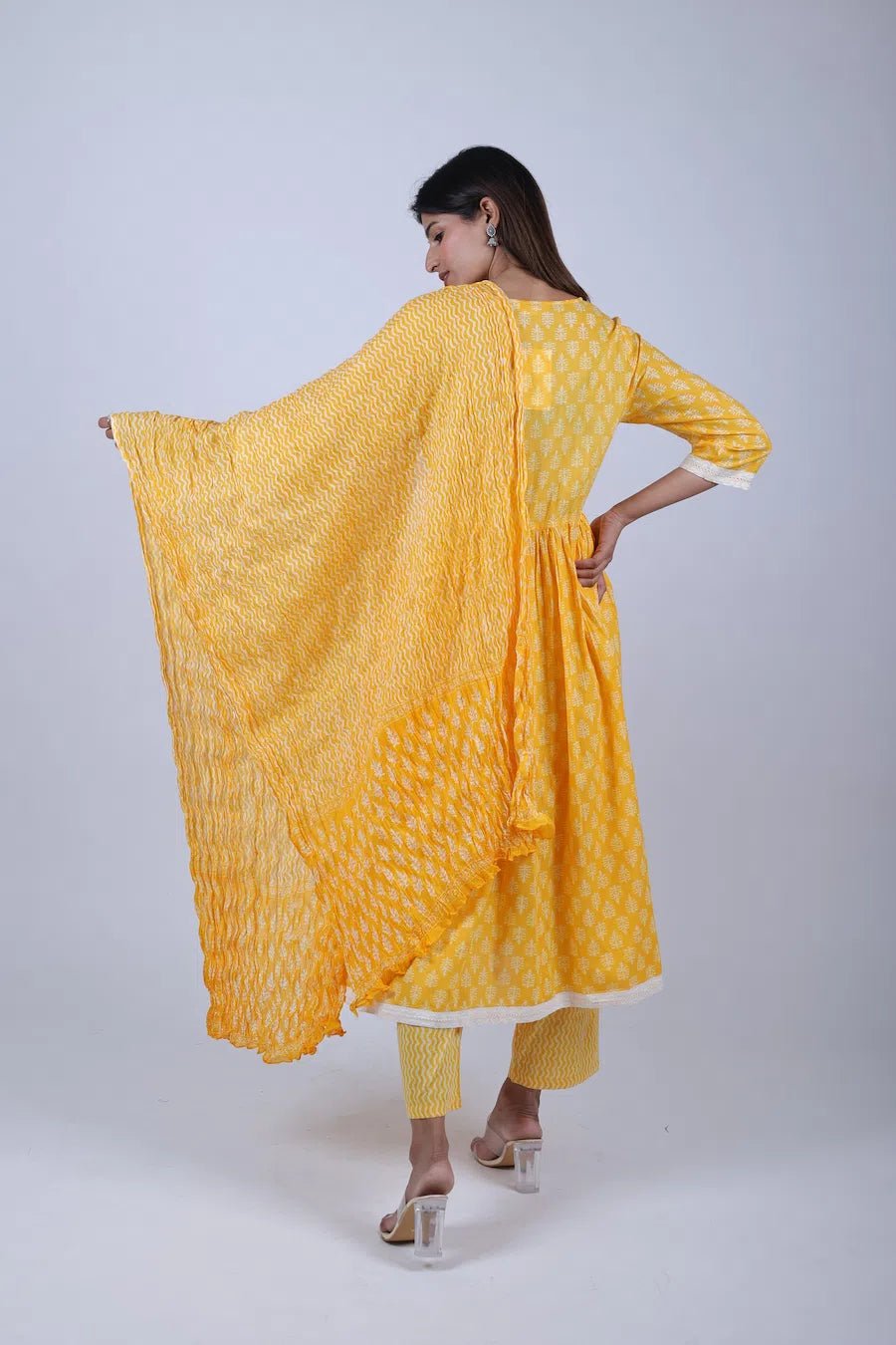 Yellow Printed Anarkali Kurta Along With Printed Pants and Printed Dupatta - The Bebla