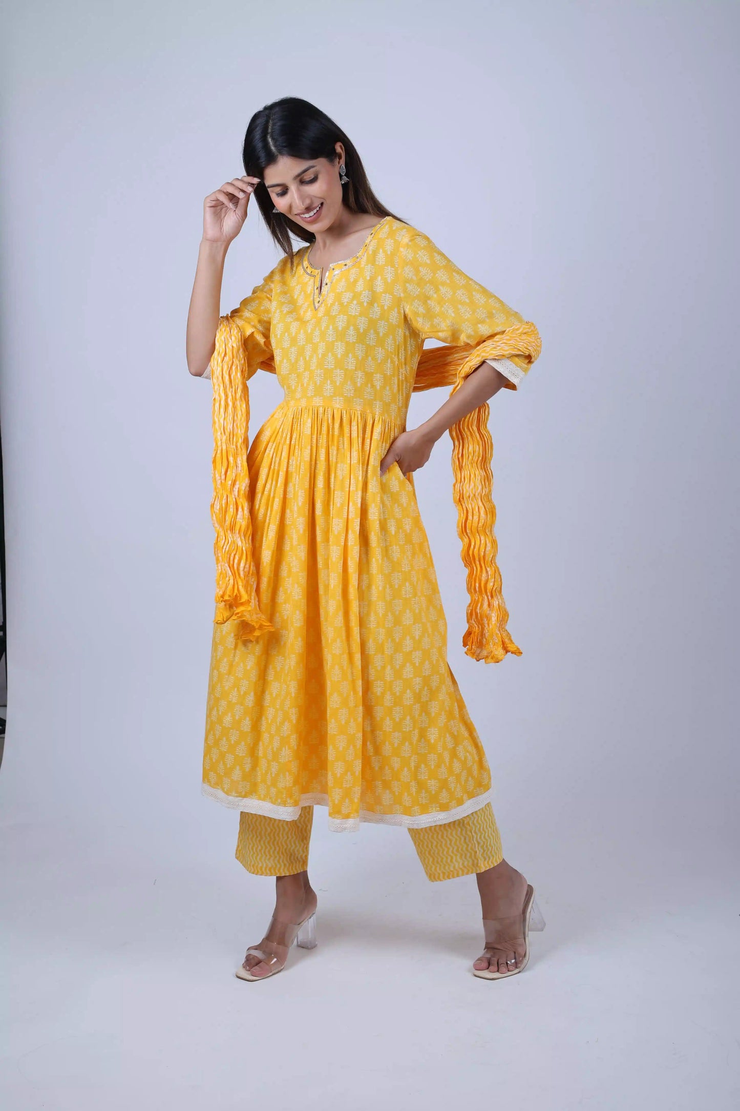 Yellow Printed Anarkali Kurta Along With Printed Pants and Printed Dupatta - The Bebla
