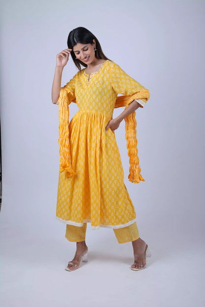 Yellow Printed Anarkali Kurta Along With Printed Pants and Printed Dupatta - The Bebla