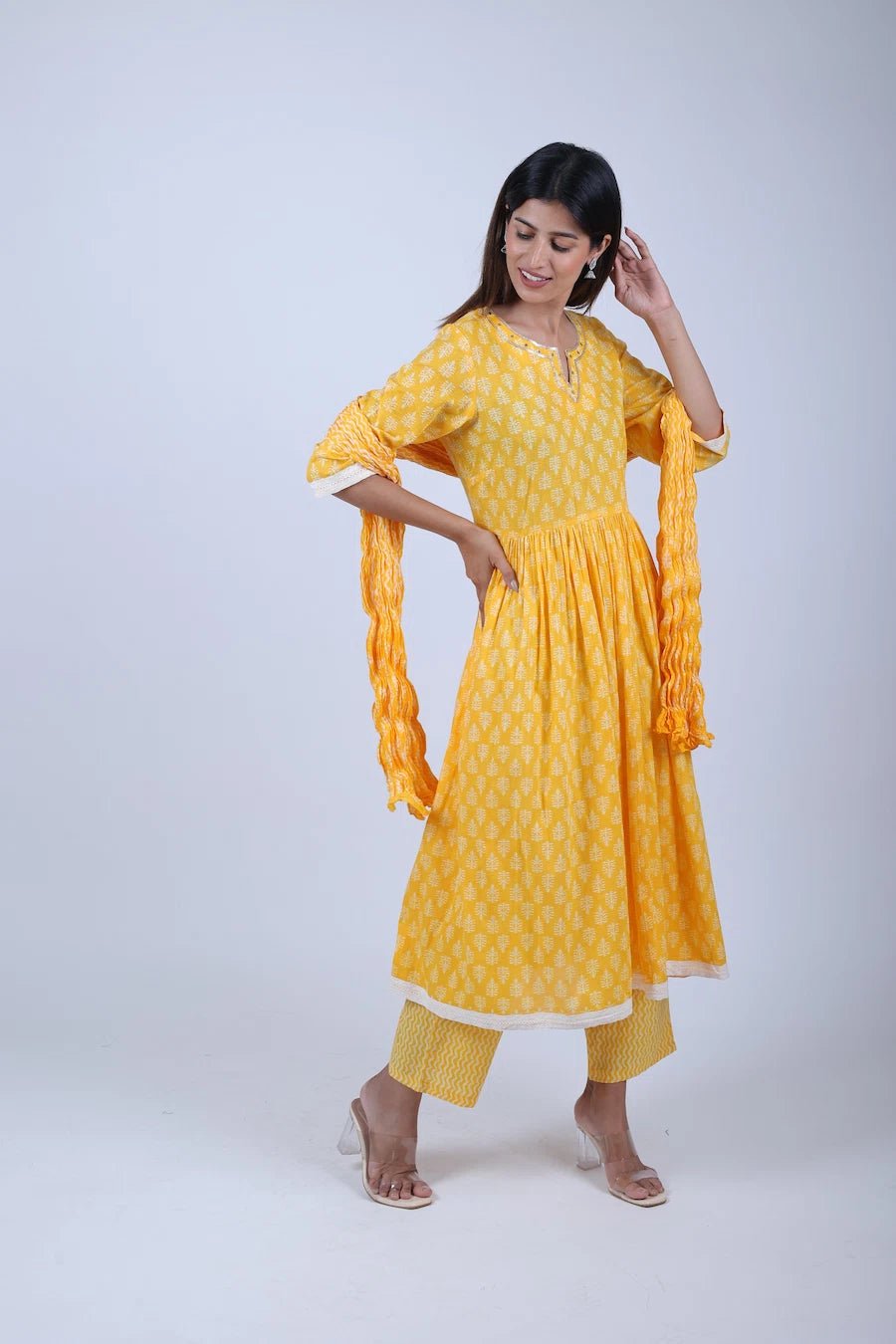Yellow Printed Anarkali Kurta Along With Printed Pants and Printed Dupatta - The Bebla