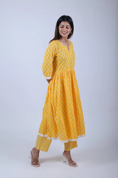 Yellow Printed Anarkali Kurta Along With Printed Pants and Printed Dupatta - The Bebla